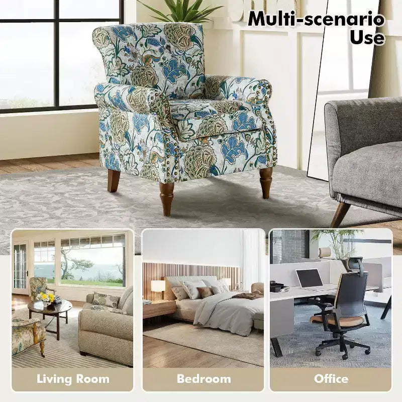 Araceli traditionele houten fauteuil met bloemenstof, hoge rugleuning met vleugels en siernagels| ART OF LIVING DESIGNS