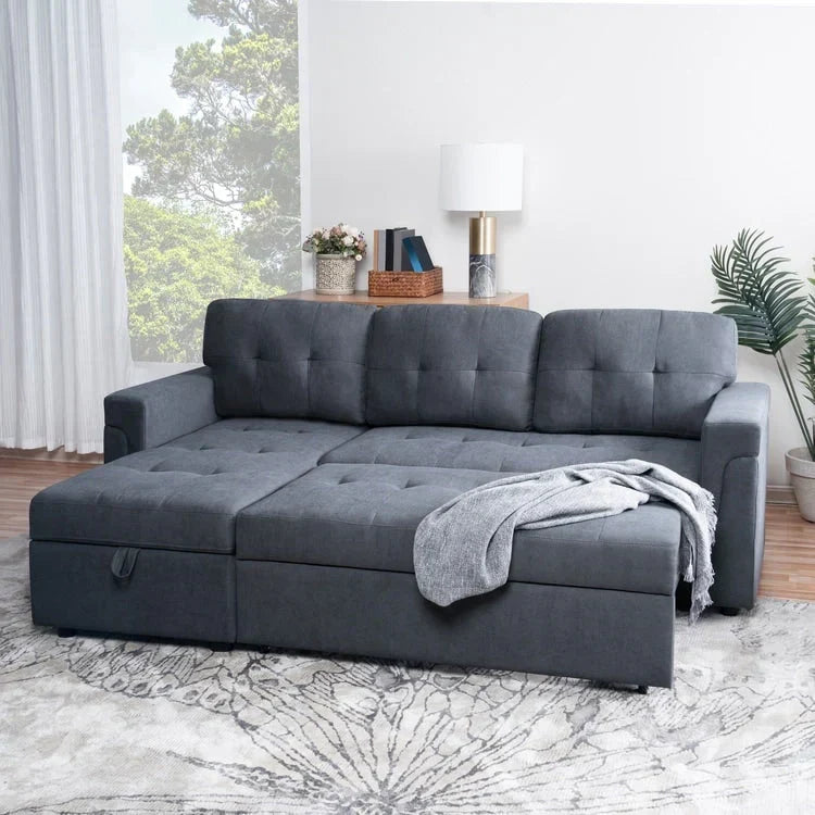 Canapé d’angle convertible et réversible avec lit escamotable, méridienne avec rangement dissimulé et pieds robustes