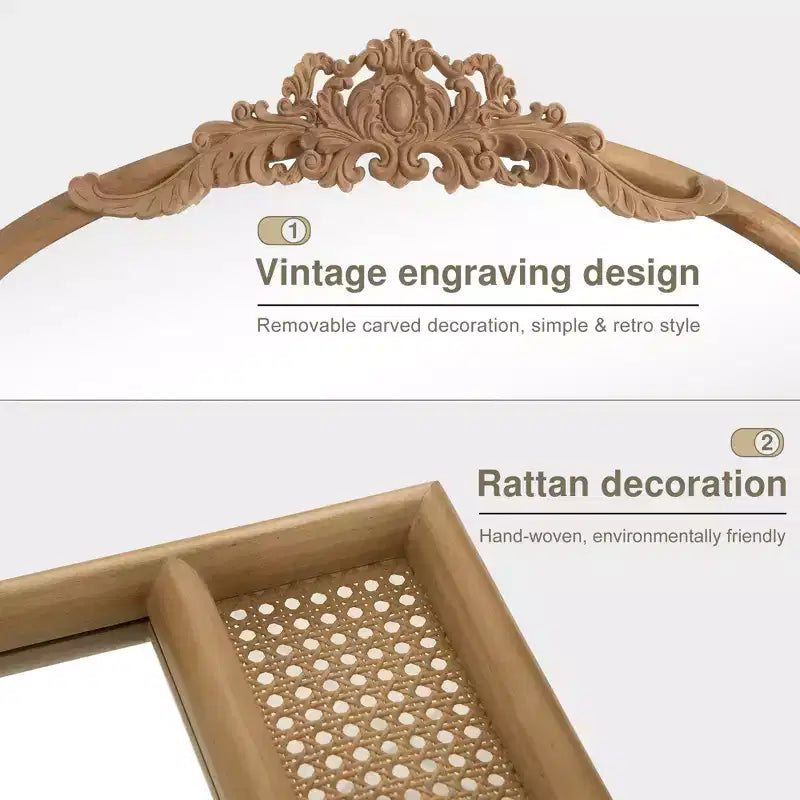 Miroir mural de 37 in. W x 71 in. H avec cadre en bois à arche classique sculptée et partie inférieure en rotin, marron