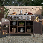 Buitenkeukeneiland, verrijdbare barwagen en opbergkast, massiefhouten grilltafel met roestvrijstalen blad, kruidenrek, handdoekrek