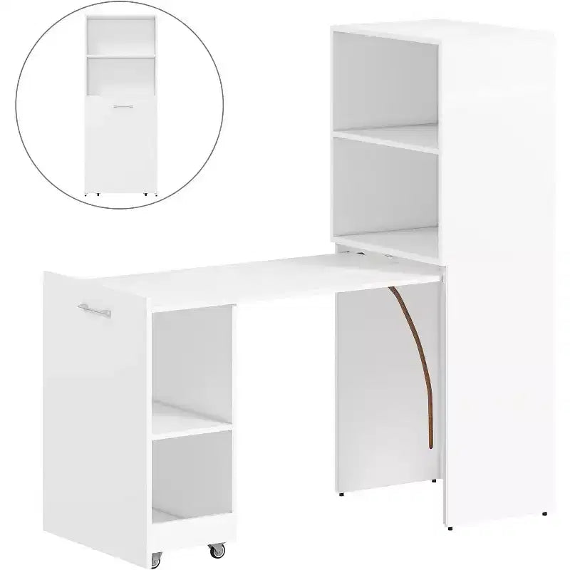 MooxvMoo uitschuifbaar bureau met opbergrekken en zwenkwielen, inklapbare computertafel voor kleine appartementen en thuiskantoren, wit