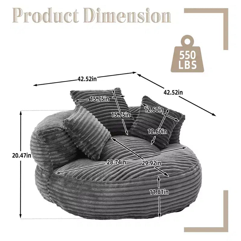 Sofa typu bean bag dla dorosłych i dzieci, duży fotel typu bean bag z sztruksu, 3 poduszkami i podłokietnikami do salonu lub sypialni