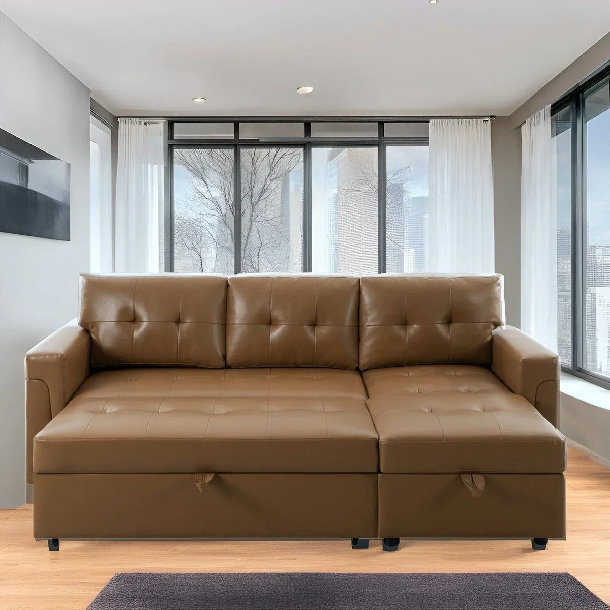 Canapé d’angle convertible et réversible avec lit escamotable, méridienne avec rangement dissimulé et pieds robustes