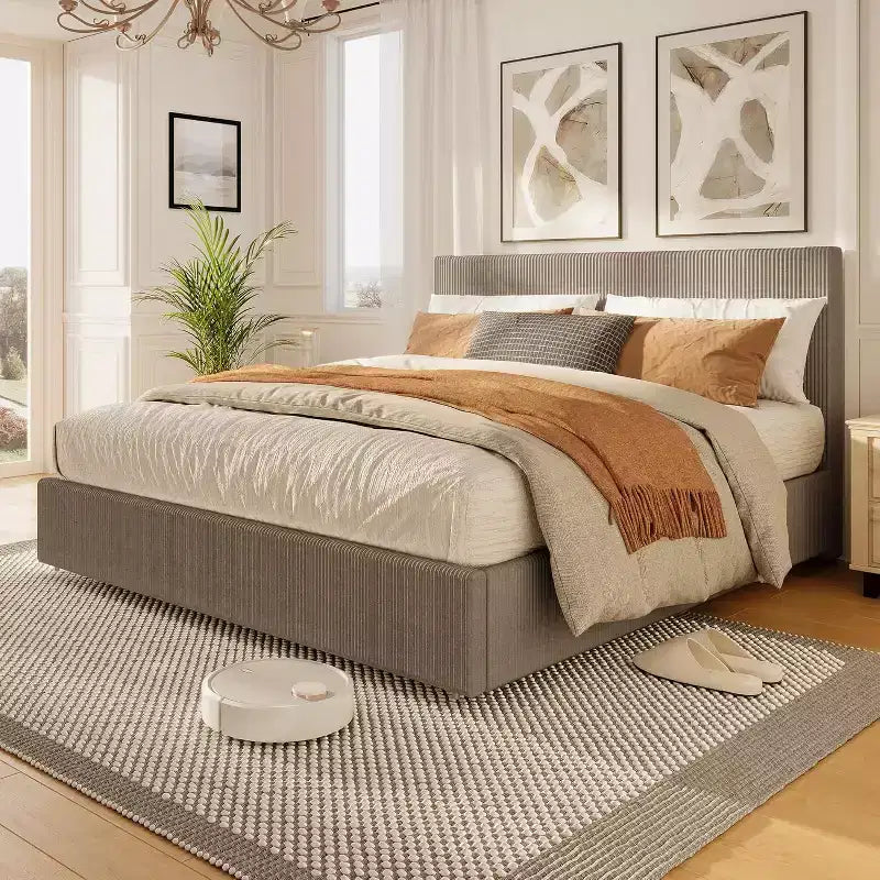 CuisinSmart bedframe van ribfluweel met hoofdbord, gestoffeerd platformbedframe met 4 opbergladen en houten lattenbodem