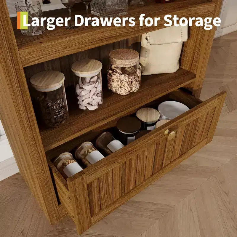 Bibliothèque arquée de 72 pouces avec tiroir de rangement, meuble vitrine moderne en bois à 6 niveaux avec étagères ouvertes et tiroir inférieur, porte d’armoire incurvée