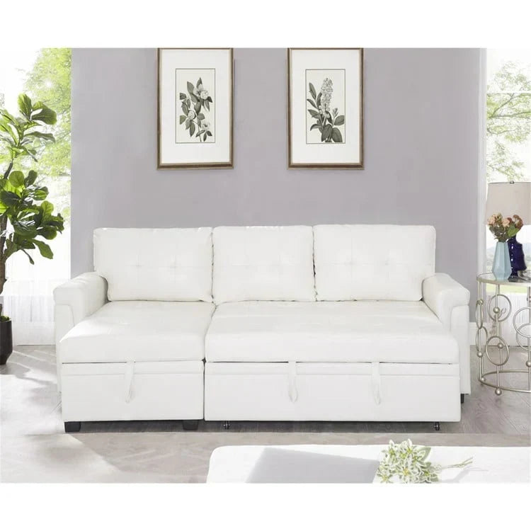 Canapé d’angle convertible et réversible avec lit escamotable, méridienne avec rangement dissimulé et pieds robustes