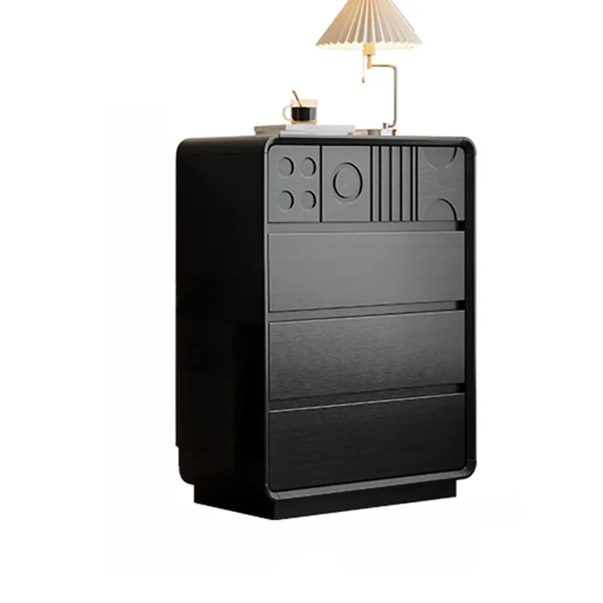 Houten ladekast geïnspireerd op art deco, met geometrisch snijwerk