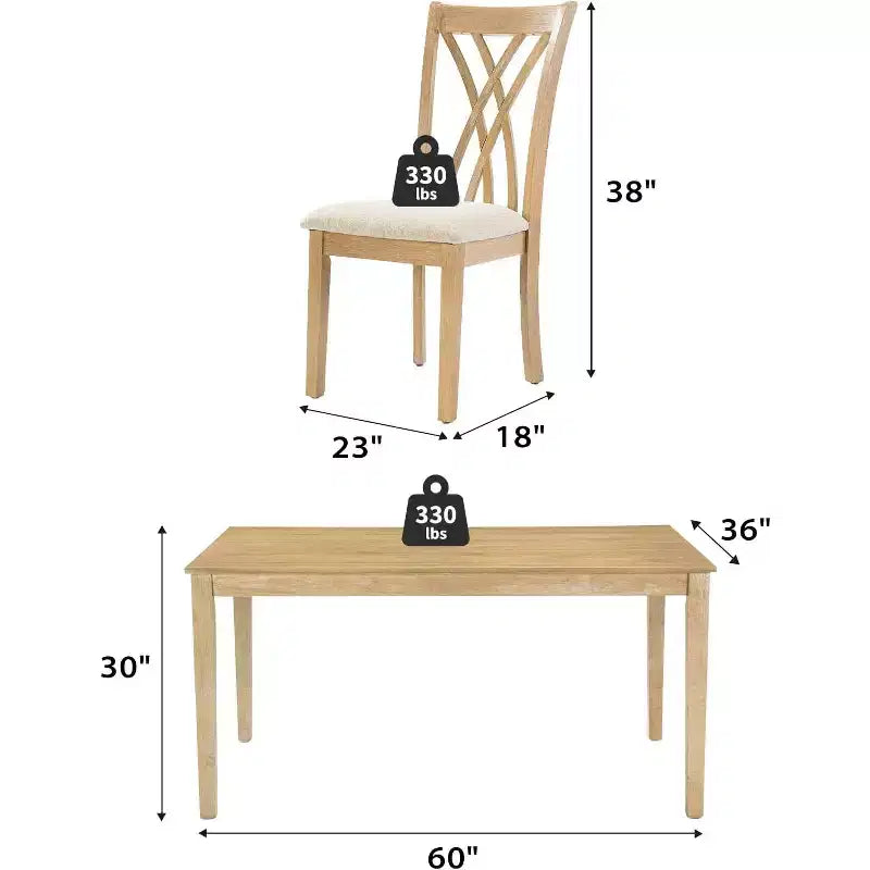 Zevemomo 7-delige eettafelset van massief hout met 6 gestoffeerde stoelen, ruimtebesparende eettafel met stoelen, voor de eetkamer of keuken, naturel houtkleur