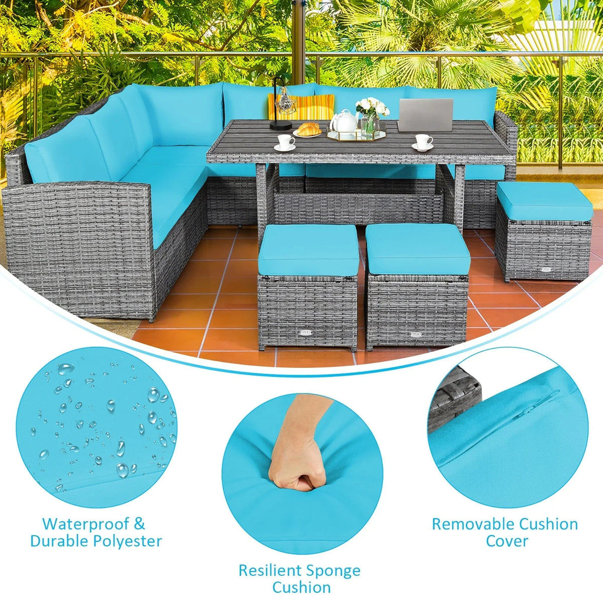 Costway 7-delige diningset van rotan voor het terras, modulaire bank, sofa en voetenbank - bekijk de details