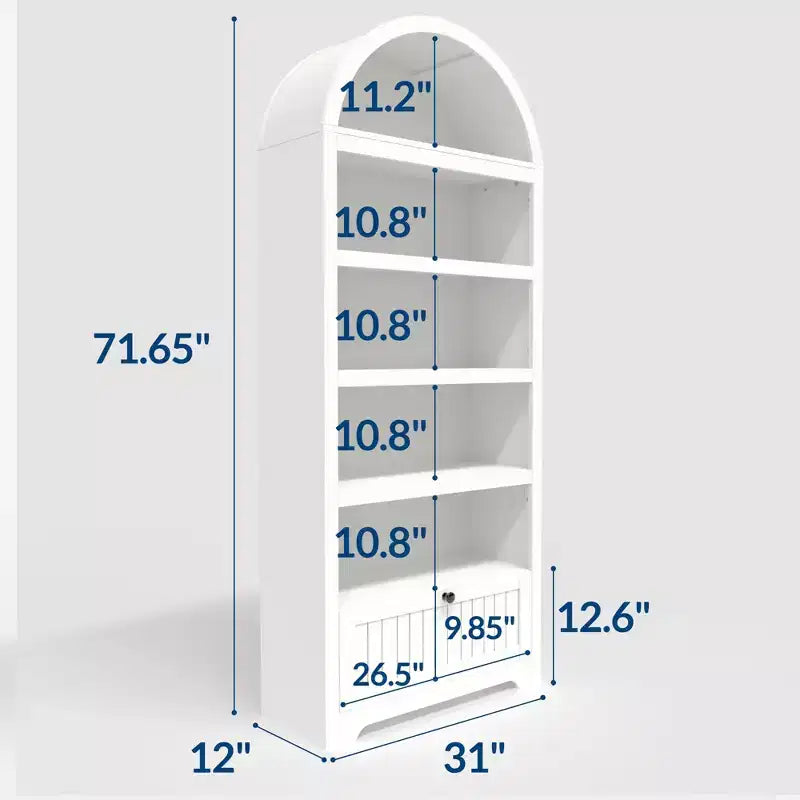 Bibliothèque arquée de 72 pouces avec tiroir de rangement, meuble vitrine moderne en bois à 6 niveaux avec étagères ouvertes et tiroir inférieur, porte d’armoire incurvée