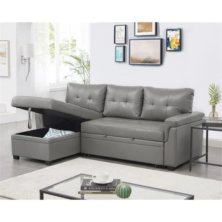 Canapé d’angle convertible et réversible avec lit escamotable, méridienne avec rangement dissimulé et pieds robustes