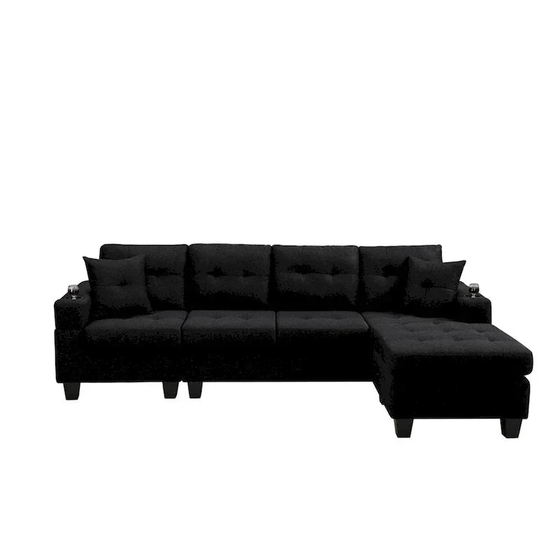 Wohnlandschaft mit L-förmiger Chaiselongue und Getränkehalter