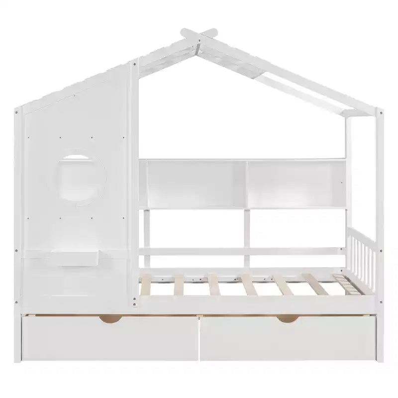 Drewniane łóżko domek w rozmiarze Twin/Full z 2 szufladami, łóżko dziecięce z półką do przechowywania - ModernLuxe