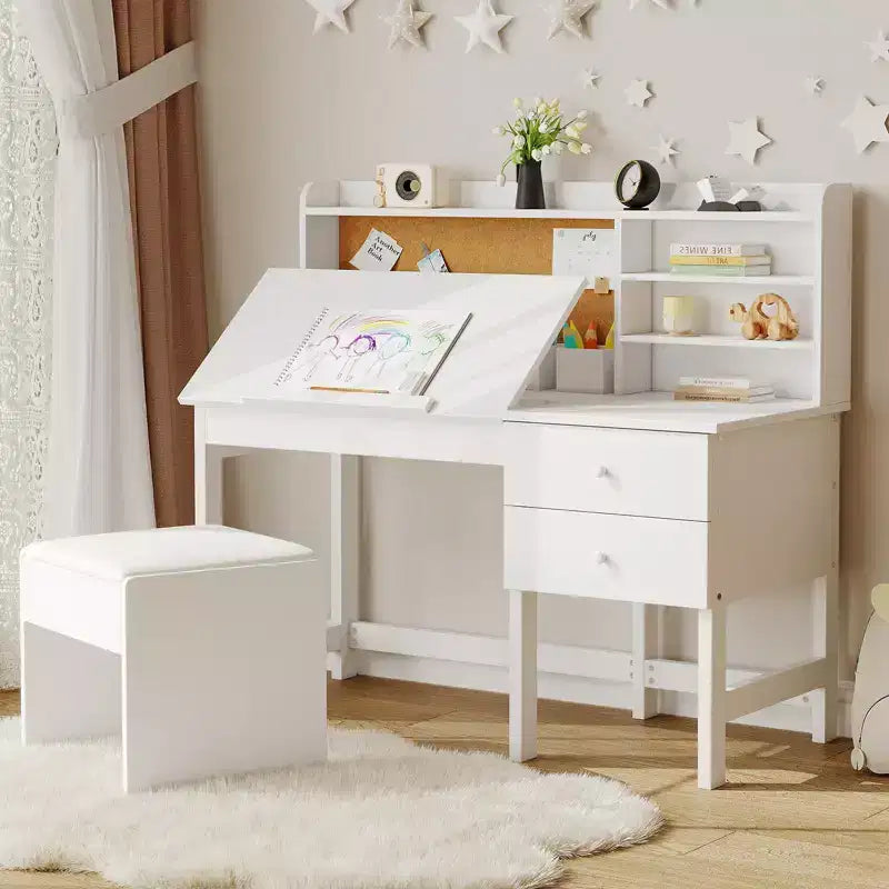 Ensemble bureau et chaise pour enfant, table d’étude en bois avec plateau inclinable réglable, tiroirs et tableau en liège - Ensemble de bureau scolaire pour enfants