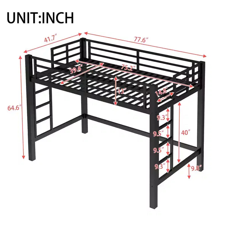 Metall-Hochbett, platzsparender Bettrahmen mit zwei Leitern und Absturzsicherungen, Schwarz - ModernLuxe