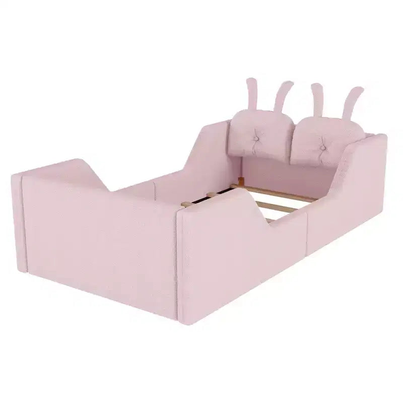 Lit plateforme simple Whisen, cadre de lit rembourré pour enfant au ras du sol avec coussin lapin et barrières latérales amovibles