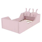 Lit plateforme simple Whisen, cadre de lit rembourré pour enfant au ras du sol avec coussin lapin et barrières latérales amovibles