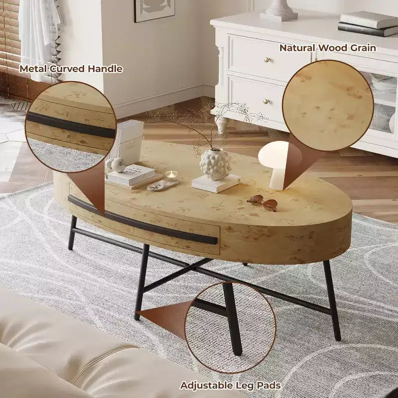Acekool ovale salontafel met lade, houten opbergtafel van 47.2 met metalen kruispoten, modern tafelblad uit het midden van de vorige eeuw in naturel en gouden wilg
