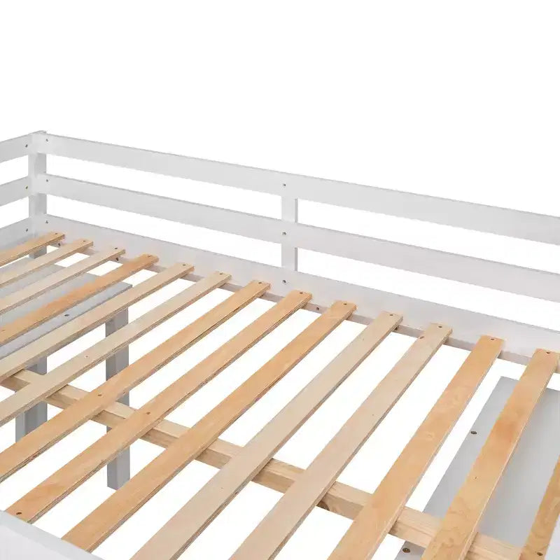 Lit mezzanine bas bas format double avec bureau coulissant, 3 tiroirs et étagères