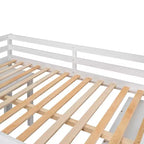 Lit mezzanine bas bas format double avec bureau coulissant, 3 tiroirs et étagères