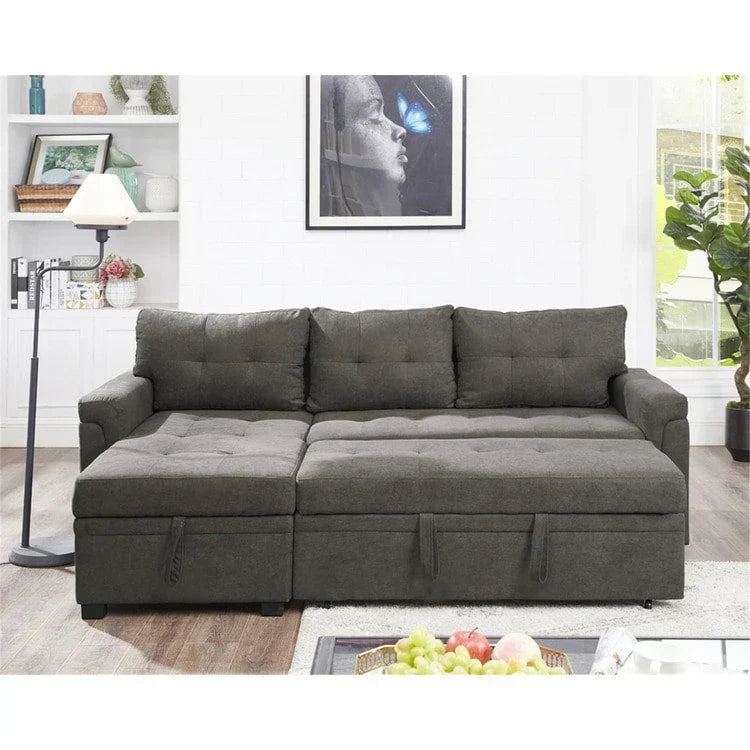 Canapé d’angle convertible et réversible avec lit escamotable, méridienne avec rangement dissimulé et pieds robustes