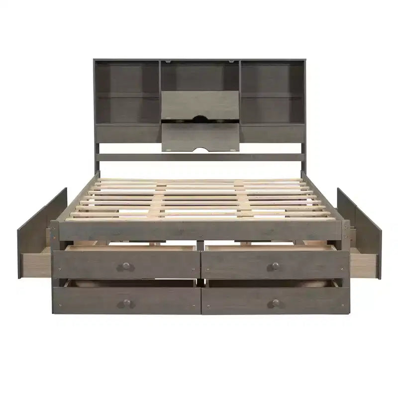 Queen-Size-Platformbett mit Ablage und 8 Schubladen, einfacher Aufbau