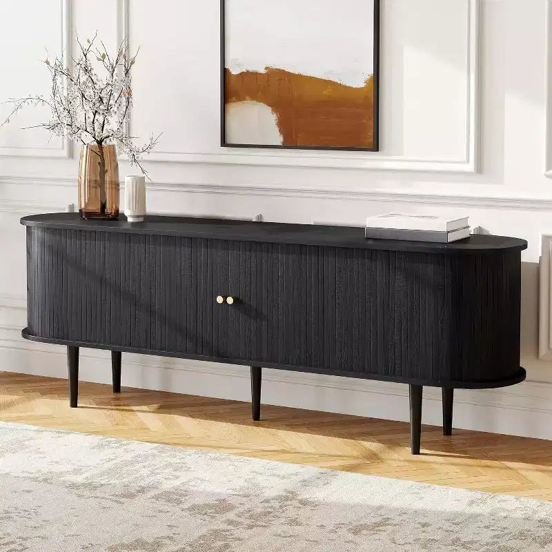 AMERLIFE 70-Zoll-TV-Ständer mit Massivholzbeinen, moderne TV-Konsole im Mid-Century-Stil mit Lamellentür