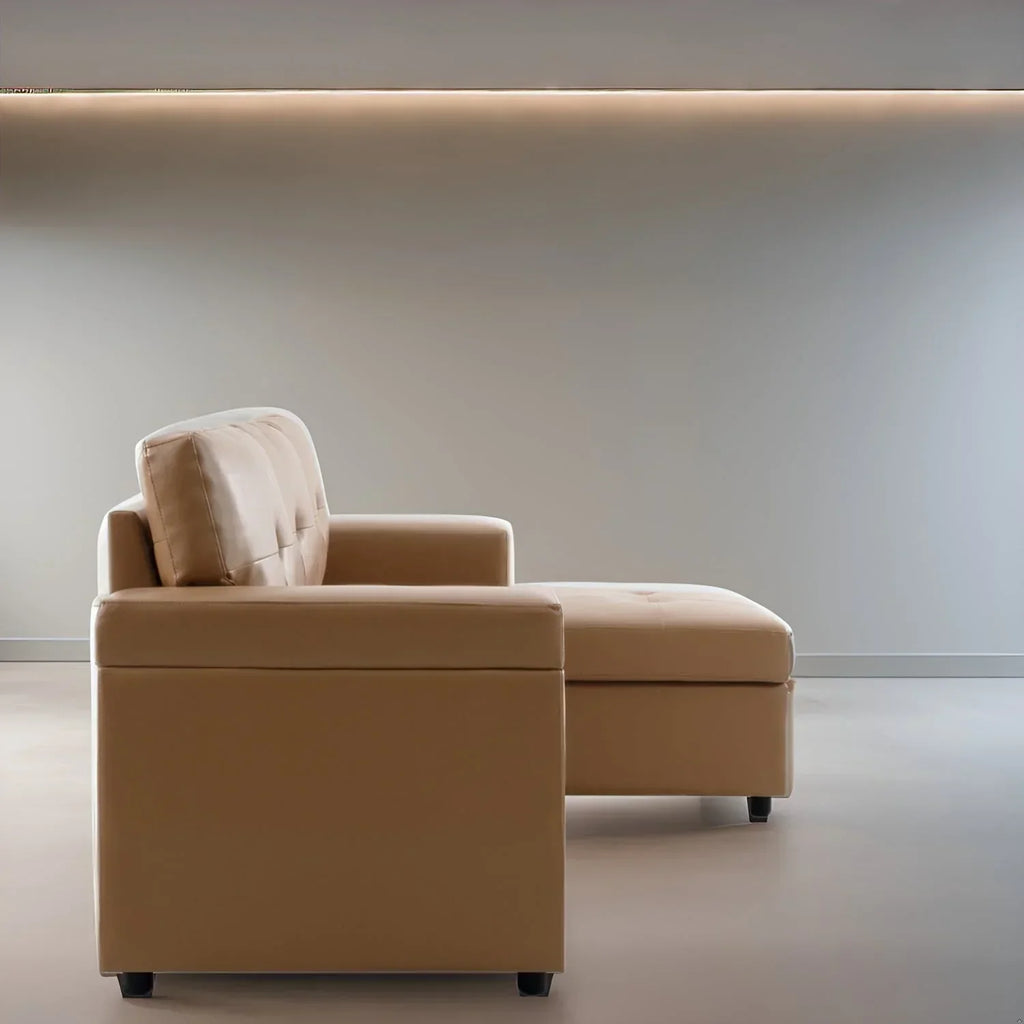 Canapé d’angle convertible et réversible avec lit escamotable, méridienne avec rangement dissimulé et pieds robustes