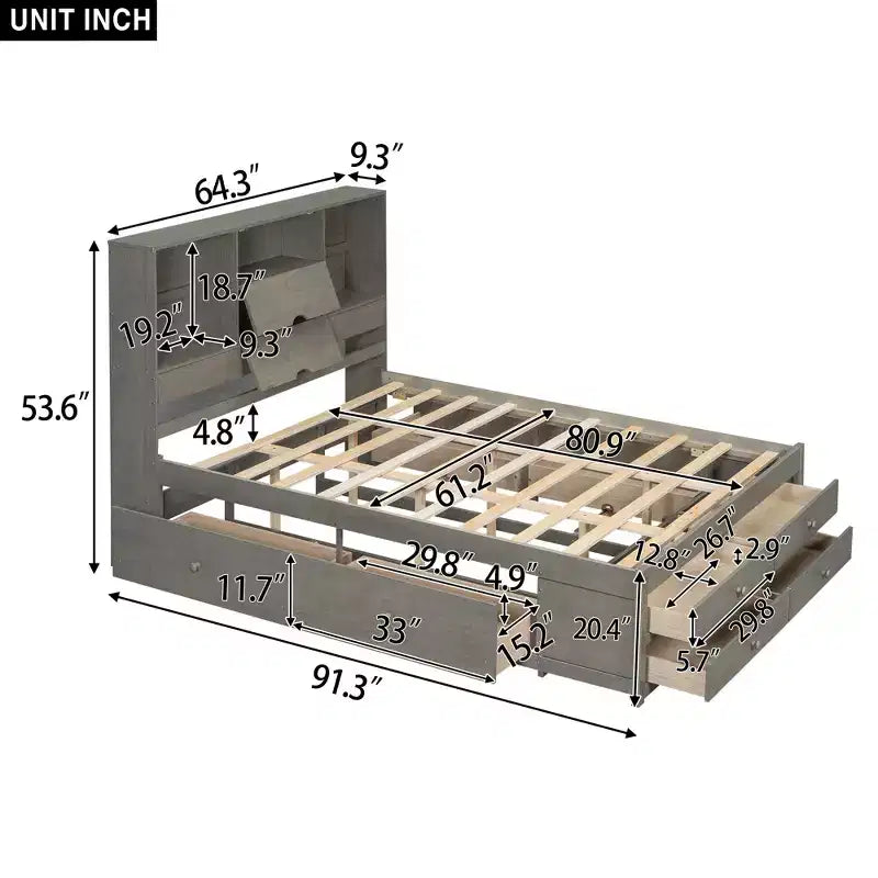Queen-Size-Platformbett mit Ablage und 8 Schubladen, einfacher Aufbau