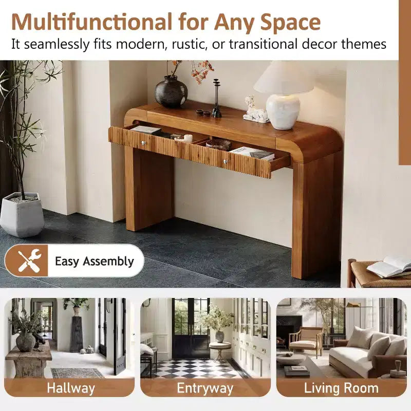 Console rustique Whisen, table d’entrée et table d’appoint avec façade de tiroir cannelée