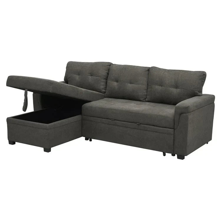 Canapé d’angle convertible et réversible avec lit escamotable, méridienne avec rangement dissimulé et pieds robustes