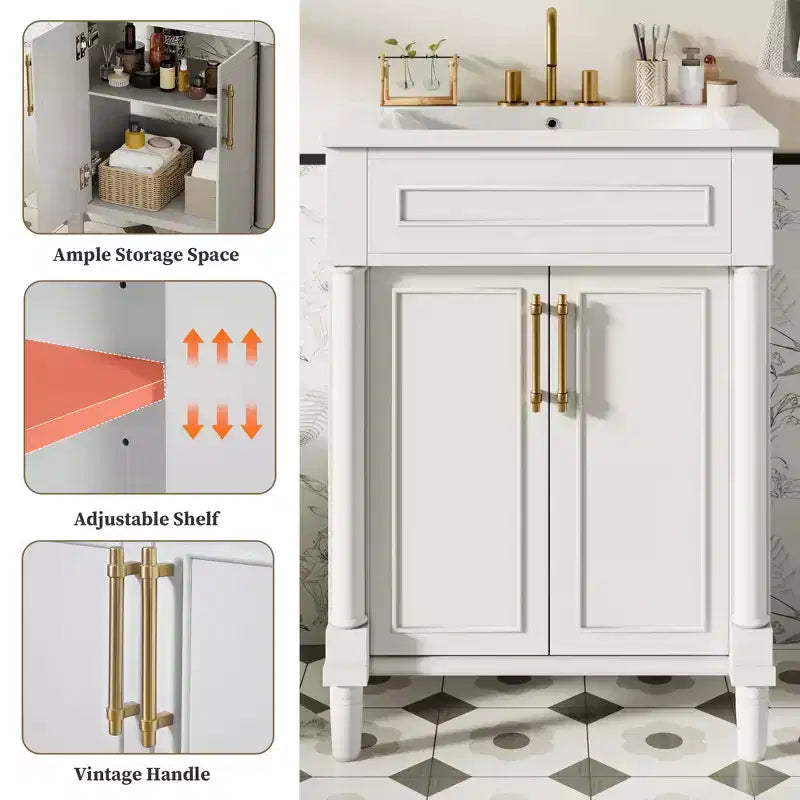 Meuble-lavabo de salle de bains 24 avec lavabo en céramique, meuble de style Shaker, 2 portes à fermeture amortie, structure en bois massif pour petite salle de bains ou salle d'eau