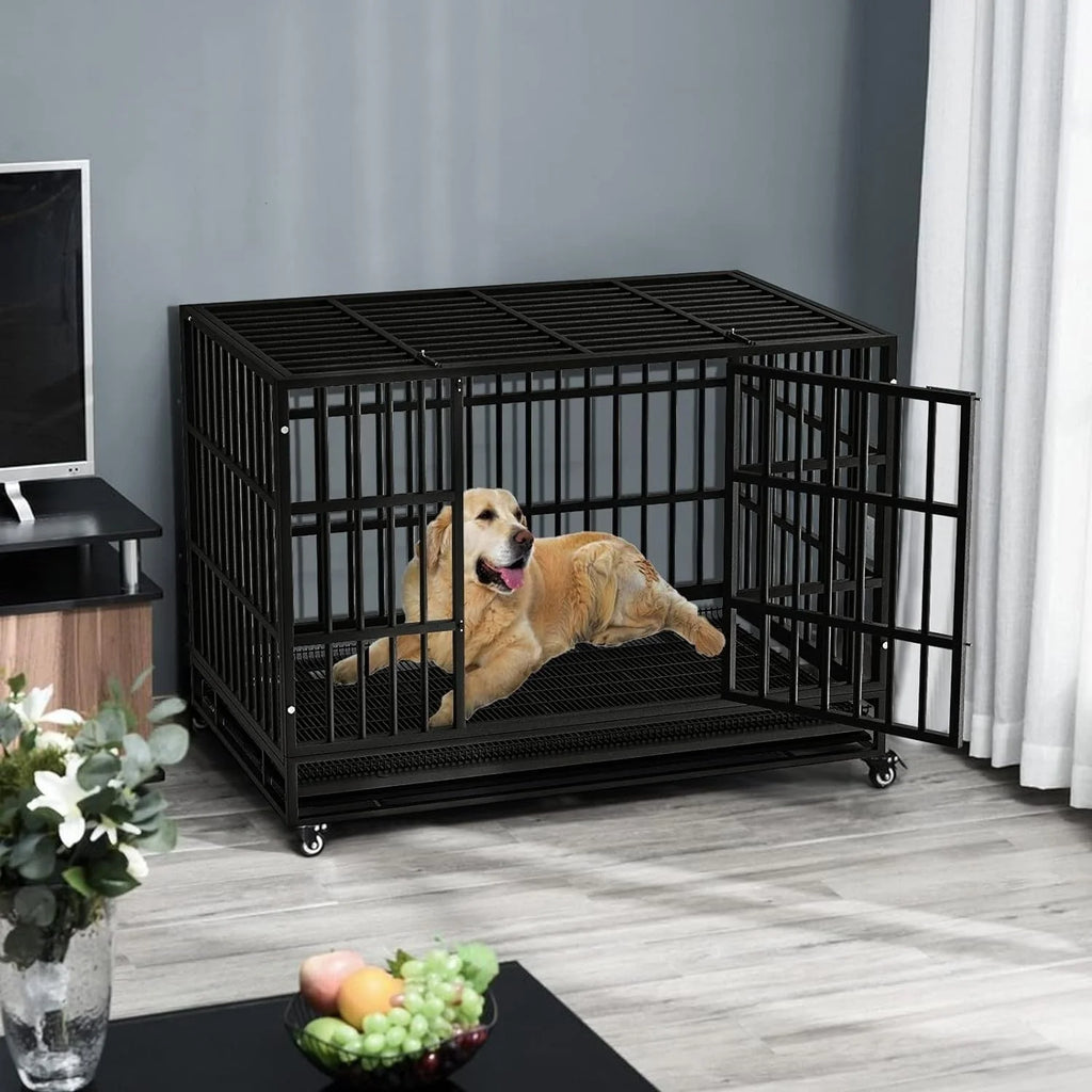 BOSSIN onverwoestbare hondenbench van 48/38 inch voor zwaar gebruik, ontsnappingsbestendige hondenkooi met vergrendelbare wielen