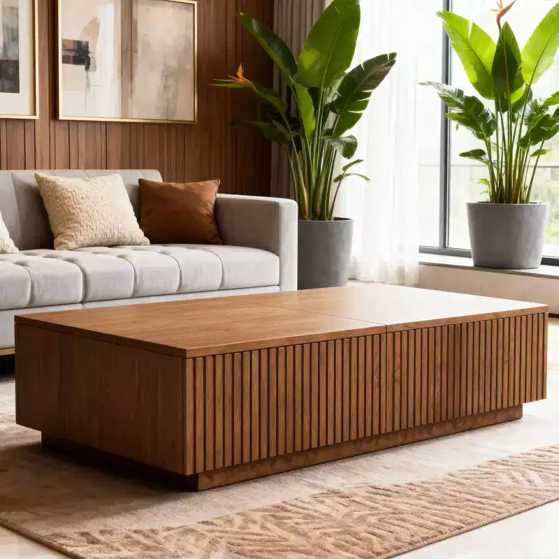 Stolik kawowy w stylu mid-century modern z podnoszonym blatem, orzechowy, prostokątny stolik do salonu 51.1