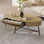 Acekool ovale salontafel met lade, houten opbergtafel van 47.2 met metalen kruispoten, modern tafelblad uit het midden van de vorige eeuw in naturel en gouden wilg