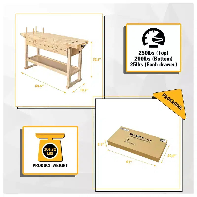 Olympia Tools Werkbank aus Kautschukholz, 60 Zoll, 4 Schubladen, Tragkraft 450 lbs