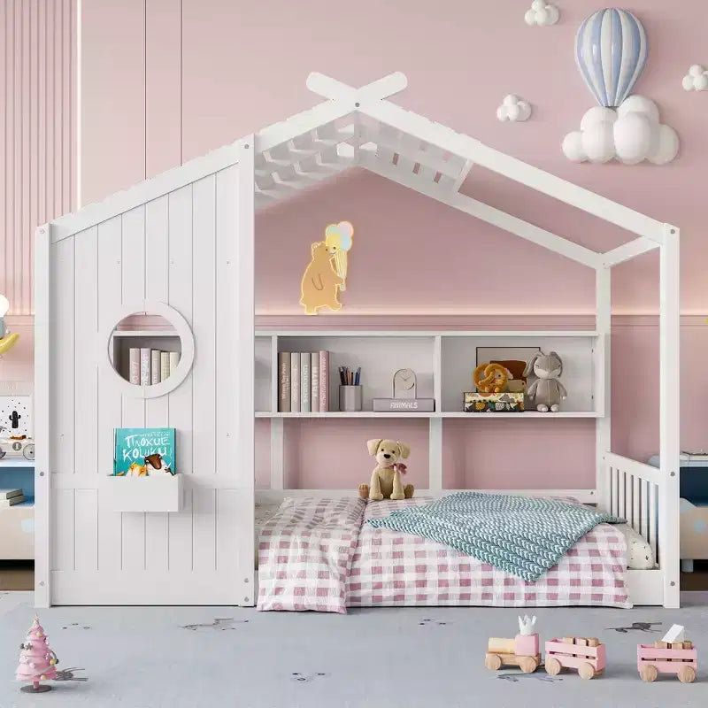 Hausbettgestell in Twin-/Full-Größe, Bodenbett für Kleinkinder, Montessori-Kinderbett und Spielhausbett mit Ablagefach - ModernLuxe