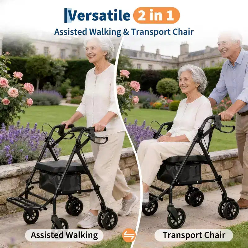 Tragbarer, zusammenklappbarer Rollstuhl für Erwachsene, Tragkraft 299lb, 6 Räder, höhenverstellbar, Stauraum unter dem Sitz, bequemer Sitz und Fußpedale