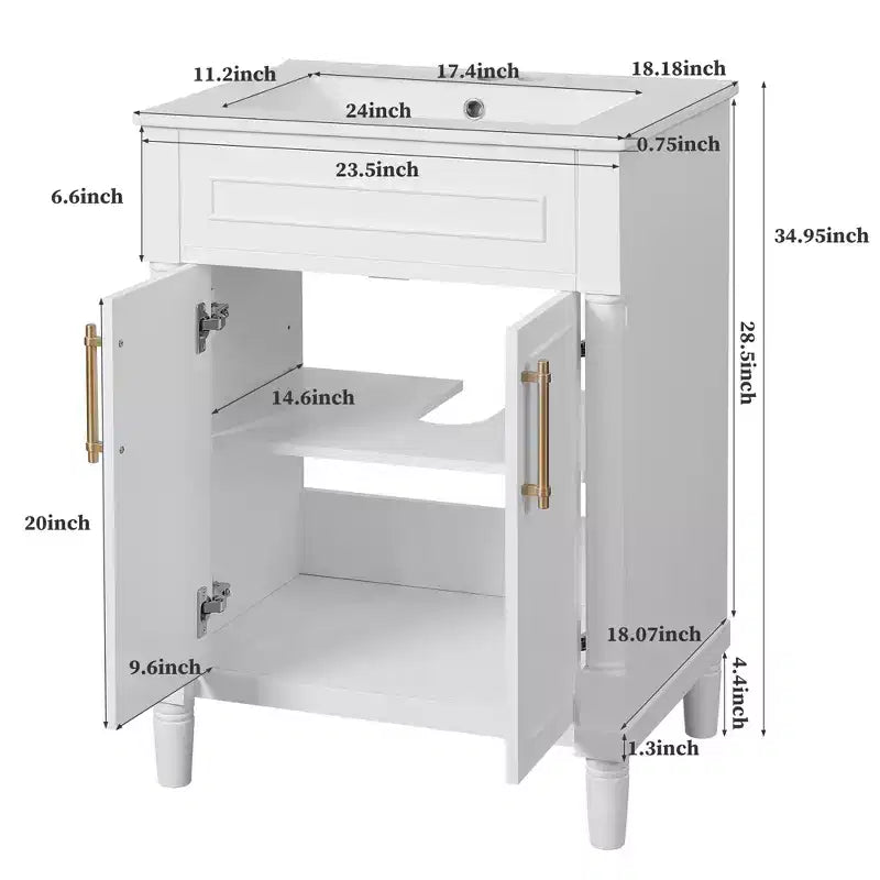 Meuble-lavabo de salle de bains 24 avec lavabo en céramique, meuble de style Shaker, 2 portes à fermeture amortie, structure en bois massif pour petite salle de bains ou salle d'eau