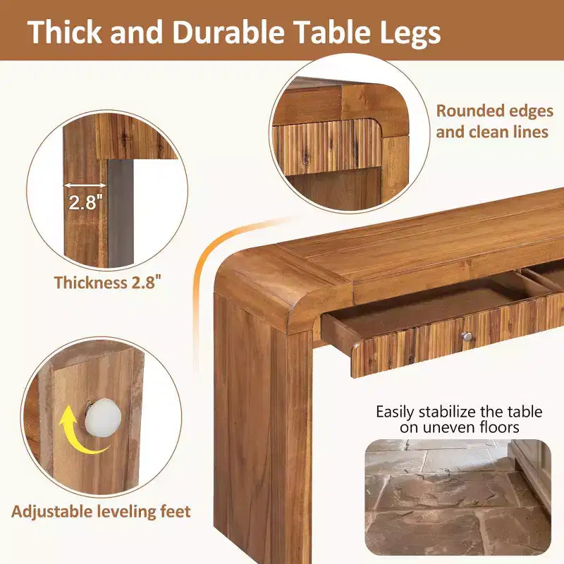 Console rustique Whisen, table d’entrée et table d’appoint avec façade de tiroir cannelée
