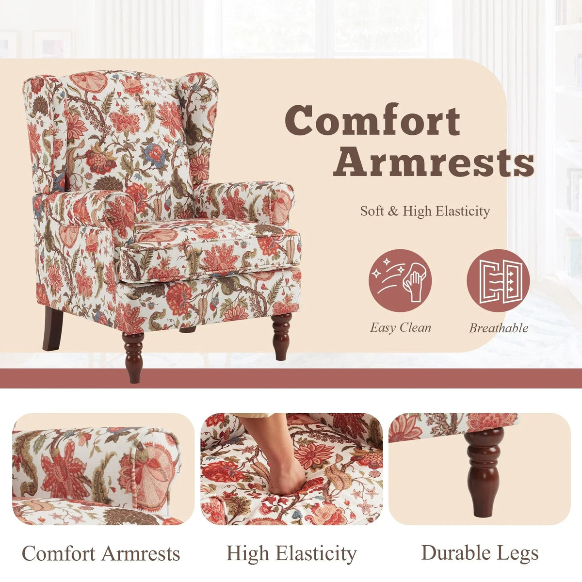 Erommy moderne fauteuil, fauteuil met hoge rugleuning, gestoffeerde eenzitsbank met knopen en houten poten voor de woonkamer