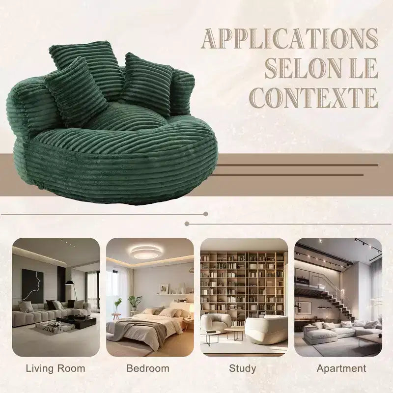 Sofa typu bean bag dla dorosłych i dzieci, duży fotel typu bean bag z sztruksu, 3 poduszkami i podłokietnikami do salonu lub sypialni