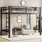Metall-Hochbett, platzsparender Bettrahmen mit zwei Leitern und Absturzsicherungen, Schwarz - ModernLuxe