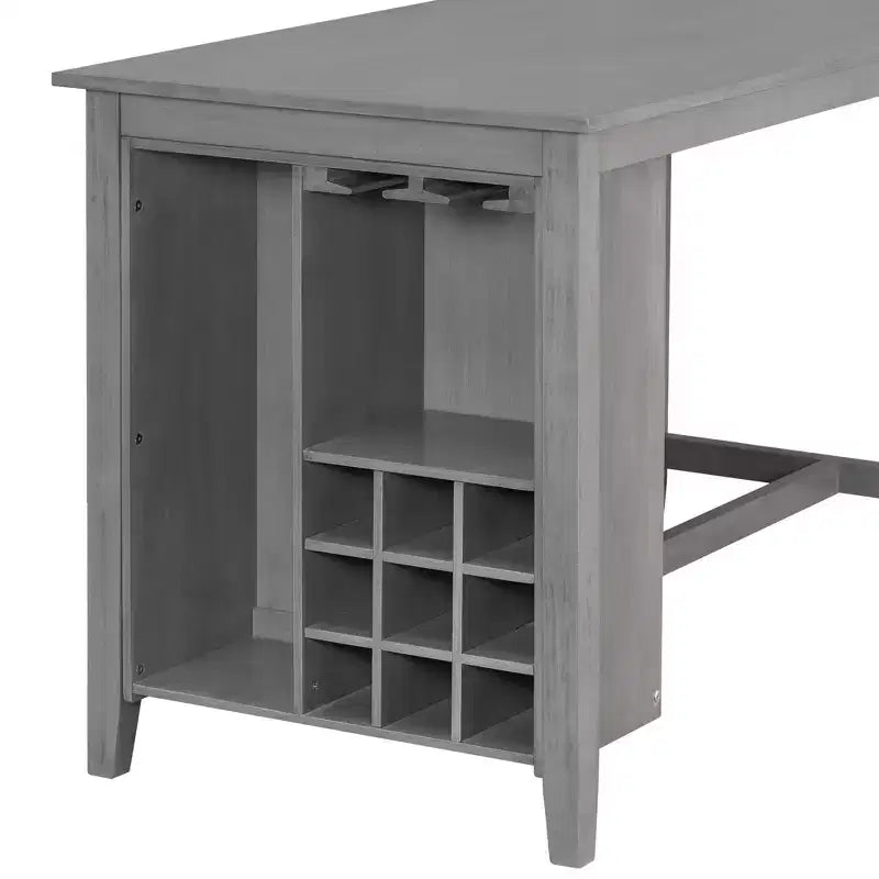 Eethoek in boerderijstijl met 5 delen en stoelen voor 4 personen op aanrechthoogte, rechthoekige houten tafel met opbergplanken en wijnvak