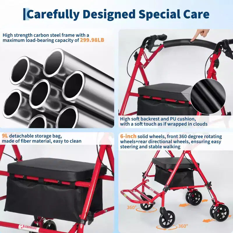 Tragbarer, zusammenklappbarer Rollstuhl für Erwachsene, Tragkraft 299lb, 6 Räder, höhenverstellbar, Stauraum unter dem Sitz, bequemer Sitz und Fußpedale