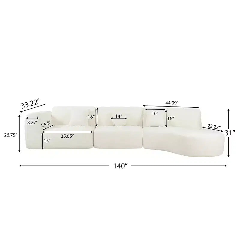 Moderne gebogen hoekbank van 140 inch met chaise longue, set van 3 delen, voor de woonkamer