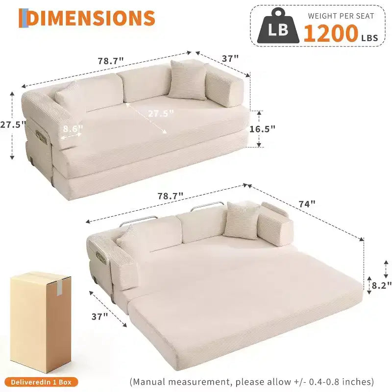 Rozkładana sofa 5 w 1, modułowa sofa do spania z sztruksu o szerokości 78.8 i solidnym stelażu, wielofunkcyjny futon do małych pomieszczeń, salonu i pokoju gościnnego