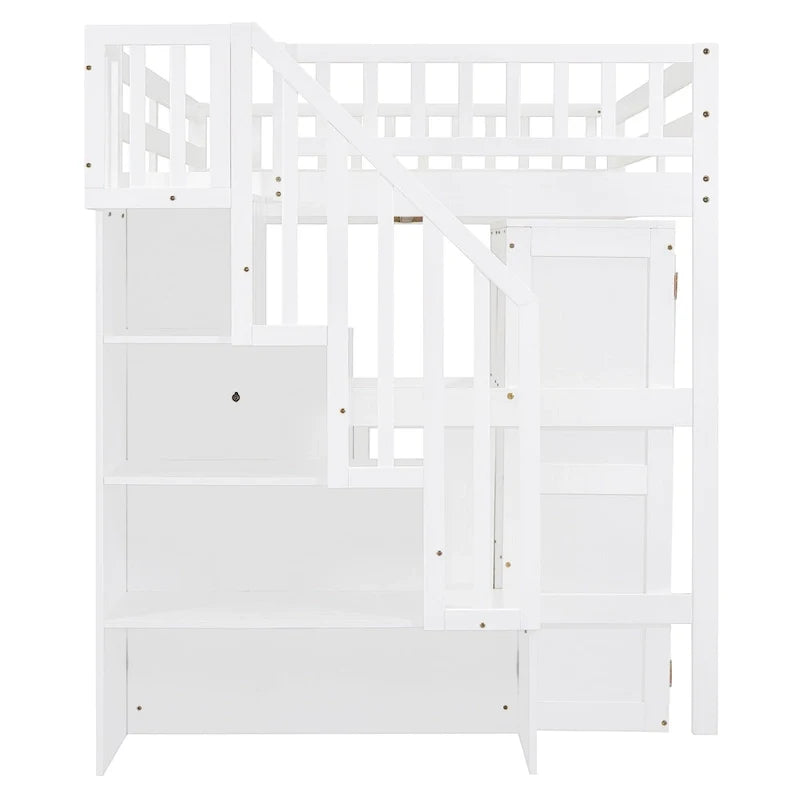 Hochbett in voller Größe mit Treppe, Bücherregal, Schreibtisch und Kleiderschrank - platzsparendes Multifunktionsmöbel für Kinder und Teenager-weiß