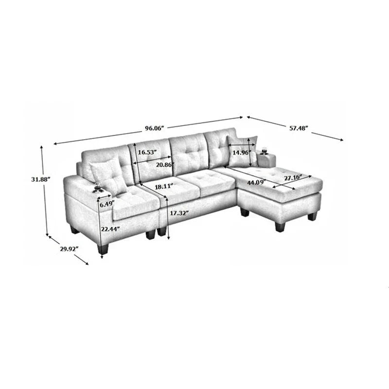 Wohnlandschaft mit L-förmiger Chaiselongue und Getränkehalter