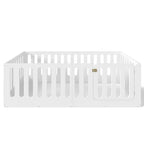 White Twin Montessori Floor Bed with Fence Rails & Door ??Solid Wood, 1 Child